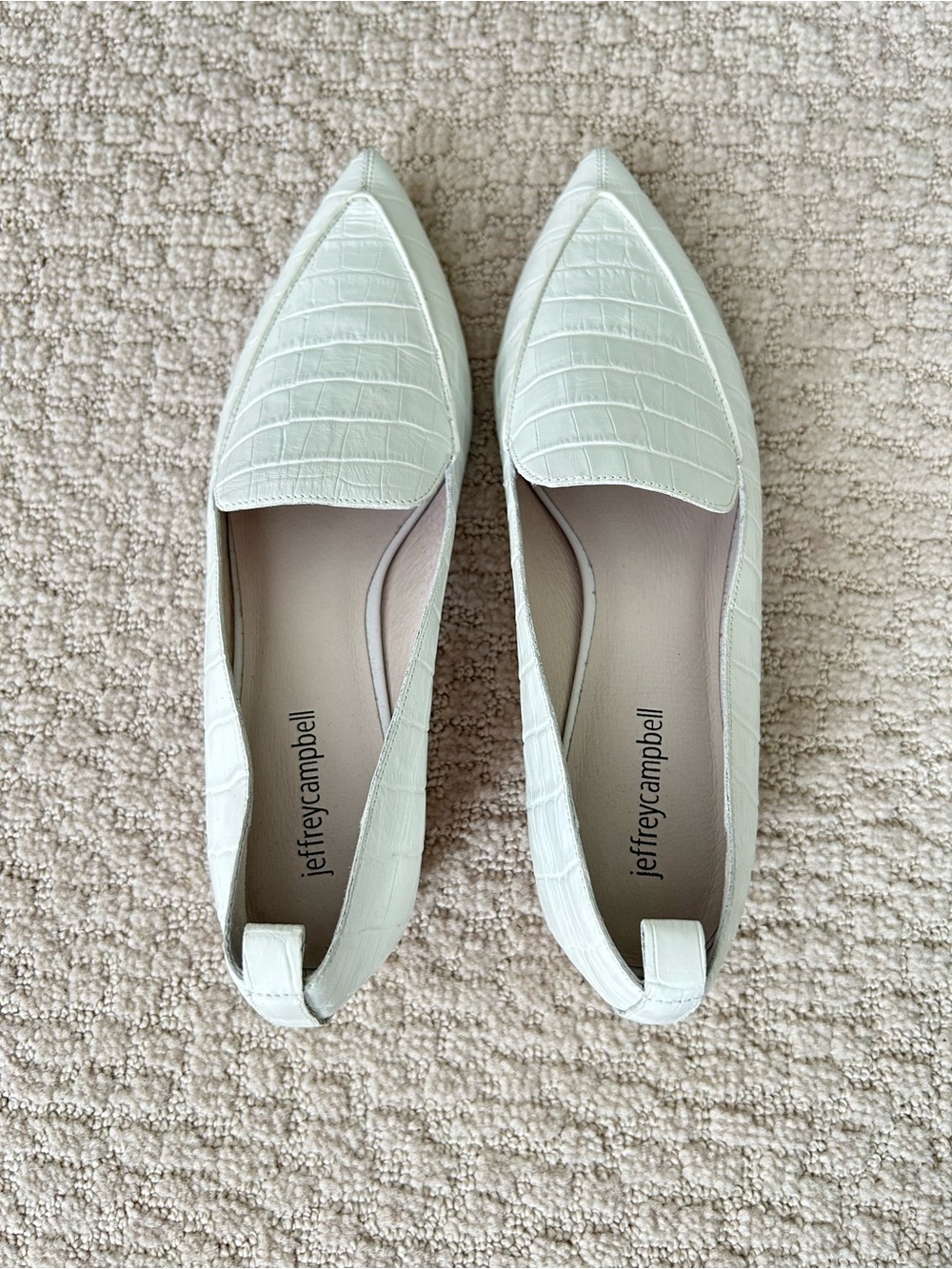 Jeffrey Campbell Pointed Croc-Embossed Loafers in Cream